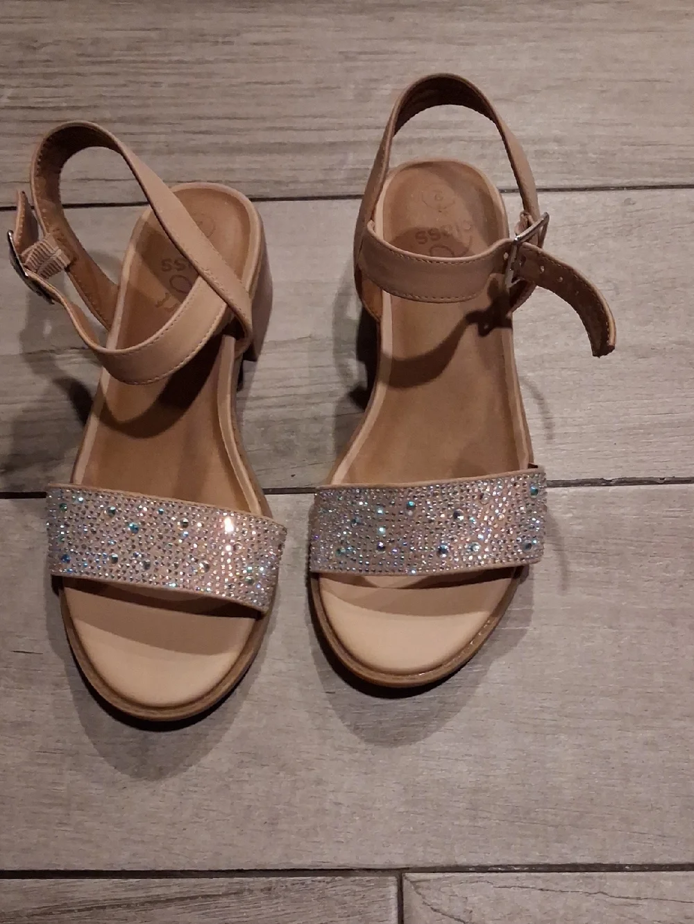 🍦art class Tan Nude Girls Rhinestone Strap Sandals